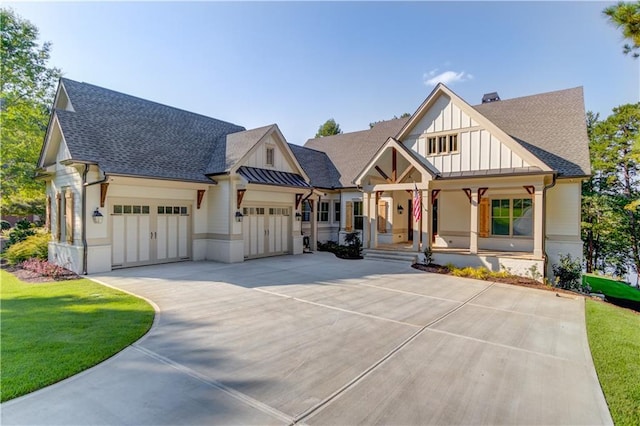 modern farmhouse with a porch and a front lawn