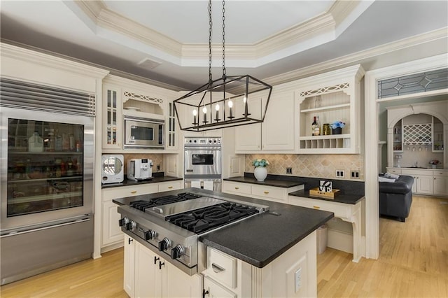 kitchen featuring a tray ceiling, dark countertops, appliances with stainless steel finishes, and light wood-style floors