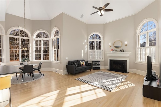 living area featuring a fireplace, baseboards, and wood finished floors