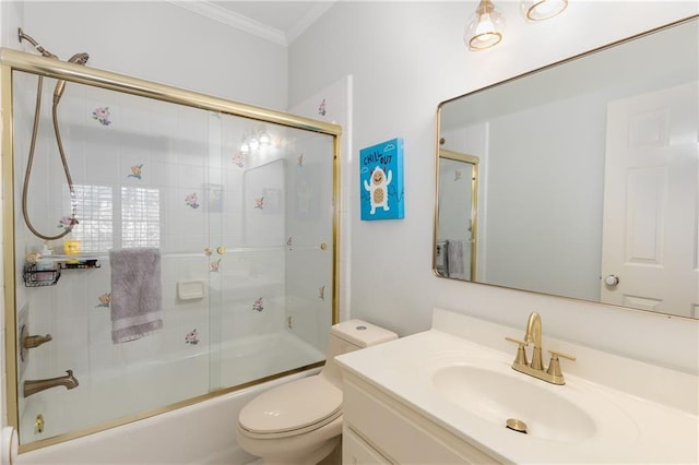 full bathroom with toilet, enclosed tub / shower combo, ornamental molding, and vanity