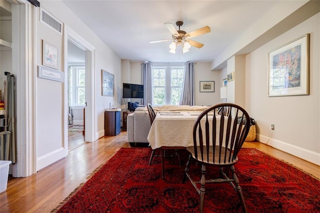 dining room featuring a ceiling fan, wood finished floors, visible vents, and baseboards