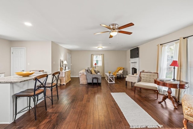 living room featuring a healthy amount of sunlight, dark wood-type flooring, and ceiling fan