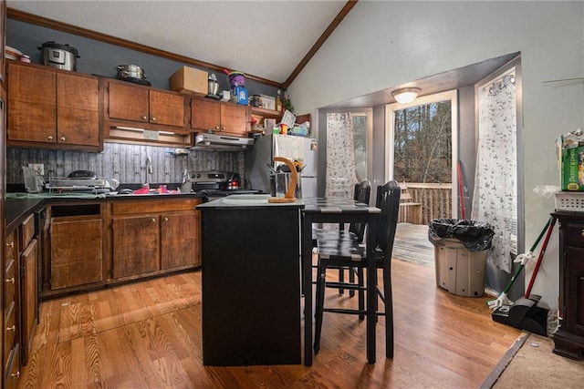 1275 Poole Bridge Rd, Hiram, GA 30141 - kitchen with under cabinet range hood, vaulted ceiling, crown molding, freestanding refrigerator, and brown cabinets