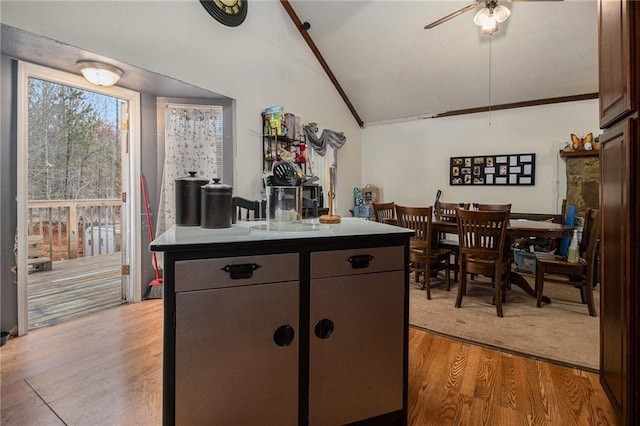 1275 Poole Bridge Rd, Hiram, GA 30141 - kitchen with a ceiling fan, lofted ceiling, light wood-style floors, dark countertops, and dark brown cabinetry