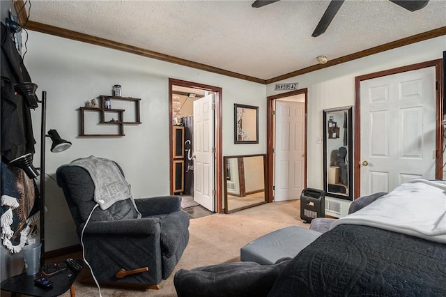 1275 Poole Bridge Rd, Hiram, GA 30141 - bedroom with light carpet, a textured ceiling, crown molding, and a ceiling fan