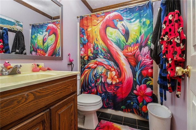 1275 Poole Bridge Rd, Hiram, GA 30141 - bathroom featuring vanity, tile patterned flooring, ornamental molding, a textured ceiling, and a shower with curtain