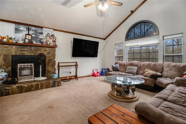 1275 Poole Bridge Rd, Hiram, GA 30141 - living room with carpet floors, high vaulted ceiling, ceiling fan, crown molding, and a fireplace