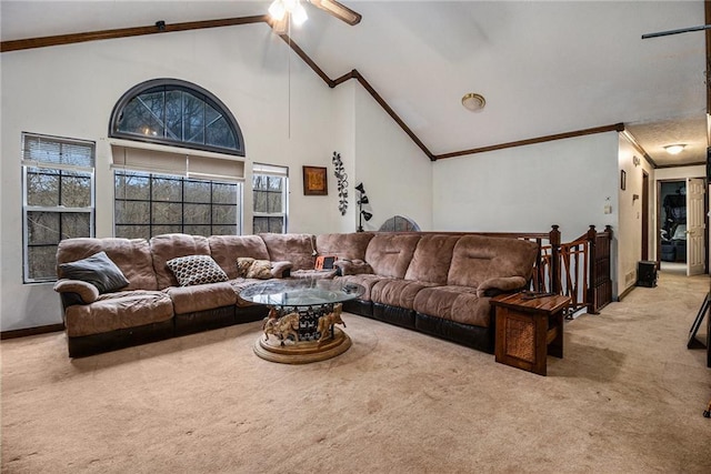 1275 Poole Bridge Rd, Hiram, GA 30141 - living room featuring carpet flooring, ornamental molding, high vaulted ceiling, and ceiling fan