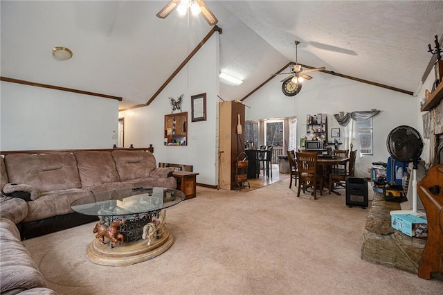 1275 Poole Bridge Rd, Hiram, GA 30141 - living room featuring a ceiling fan, carpet, vaulted ceiling, and ornamental molding