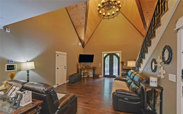1330 Mccannon Morris Rd, Hull, GA 30646 - living area with wooden ceiling, high vaulted ceiling, wood finished floors, a chandelier, and stairway