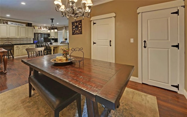 1330 Mccannon Morris Rd, Hull, GA 30646 - dining area featuring a chandelier, dark wood finished floors, recessed lighting, and crown molding
