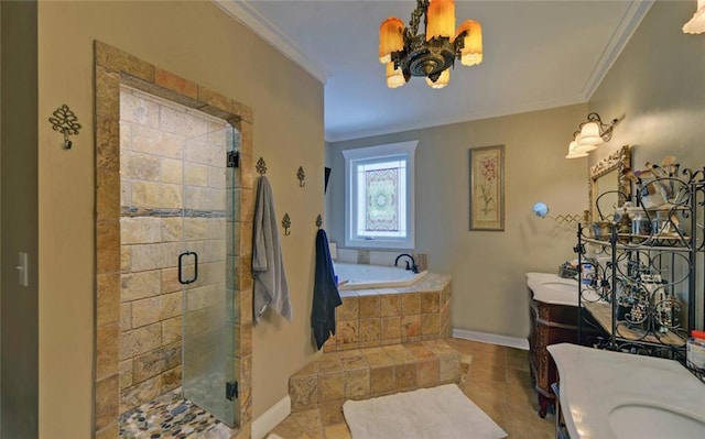 1330 Mccannon Morris Rd, Hull, GA 30646 - full bath featuring vanity, a garden tub, crown molding, a shower stall, and a chandelier