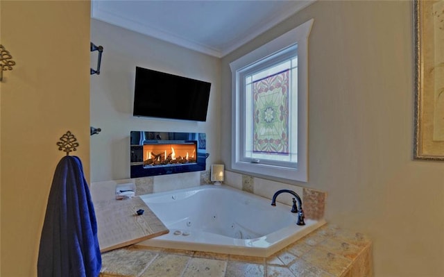 1330 Mccannon Morris Rd, Hull, GA 30646 - full bathroom featuring a tub with jets, crown molding, and a tiled fireplace