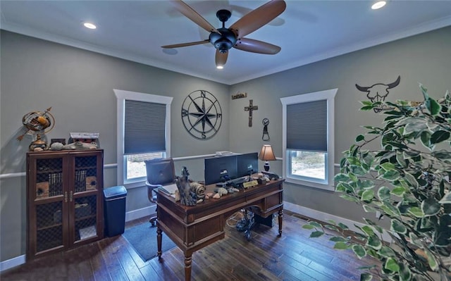 1330 Mccannon Morris Rd, Hull, GA 30646 - home office with healthy amount of natural light, ceiling fan, recessed lighting, hardwood / wood-style floors, and ornamental molding