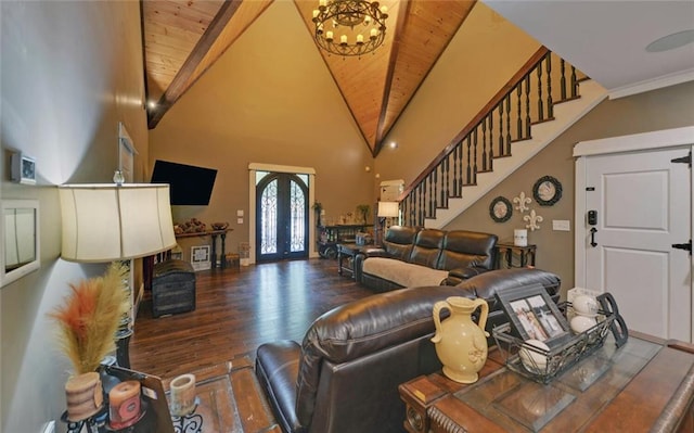 1330 Mccannon Morris Rd, Hull, GA 30646 - living room with wooden ceiling, wood finished floors, stairs, high vaulted ceiling, and french doors
