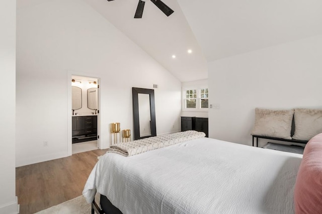 212 Haralson Ave NE, Atlanta, GA 30307 - bedroom featuring wood finished floors, recessed lighting, high vaulted ceiling, connected bathroom, and a ceiling fan