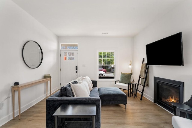 212 Haralson Ave NE, Atlanta, GA 30307 - living room with a glass covered fireplace, light wood-style floors, and baseboards