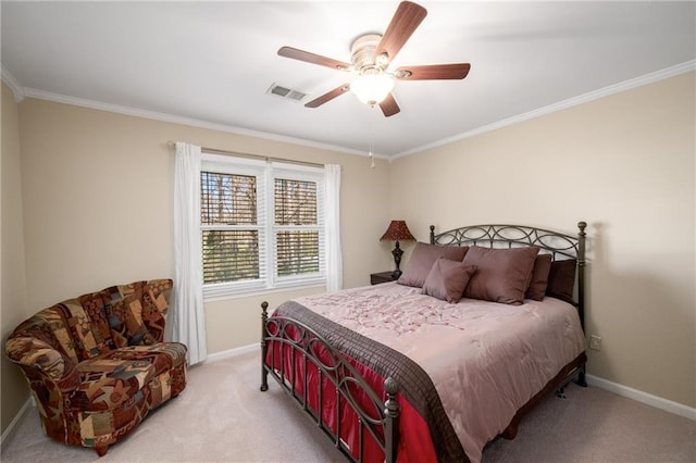 bedroom featuring visible vents, light carpet, baseboards, and crown molding