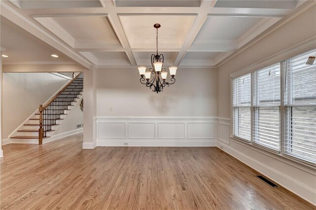 1054 Morgan Garner Dr SW, Lilburn, GA 30047 - unfurnished dining area featuring stairs, a chandelier, light wood-style flooring, beam ceiling, and coffered ceiling
