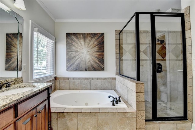1054 Morgan Garner Dr SW, Lilburn, GA 30047 - full bathroom featuring a stall shower, a jetted tub, vanity, and crown molding