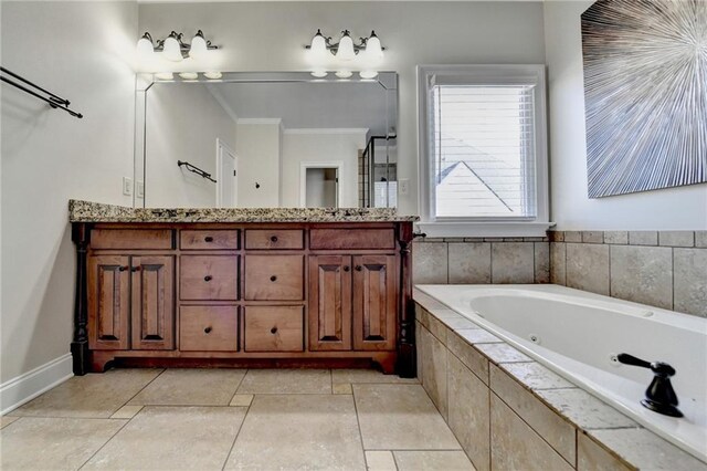 1054 Morgan Garner Dr SW, Lilburn, GA 30047 - bathroom featuring crown molding, a tub with jets, double vanity, a stall shower, and baseboards