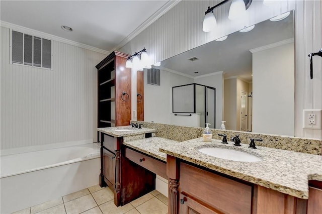 1054 Morgan Garner Dr SW, Lilburn, GA 30047 - bathroom with crown molding, tile patterned floors, a garden tub, and double vanity