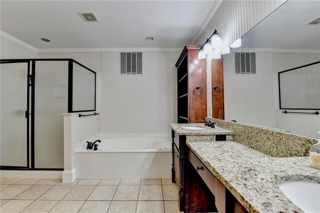 1054 Morgan Garner Dr SW, Lilburn, GA 30047 - full bath featuring a shower stall, ornamental molding, a bath, tile patterned flooring, and vanity