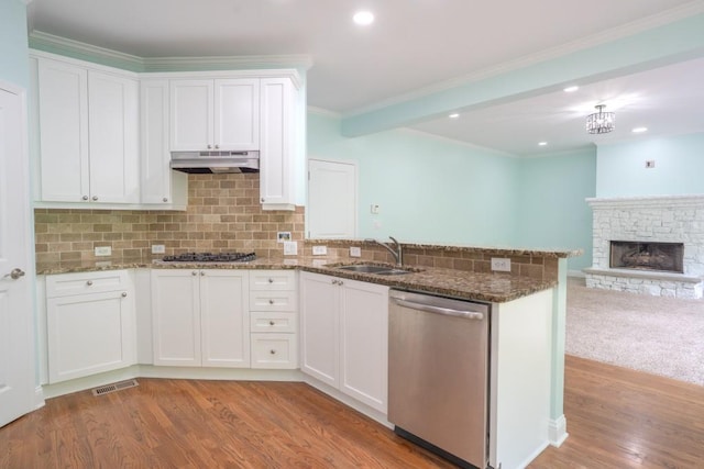 5746 Nix Bridge Rd, Gainesville, GA 30506 - kitchen with appliances with stainless steel finishes, a sink, open floor plan, a peninsula, and under cabinet range hood