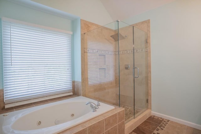 5746 Nix Bridge Rd, Gainesville, GA 30506 - bathroom featuring a whirlpool tub, a stall shower, baseboards, and tile patterned floors