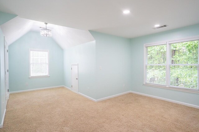 5746 Nix Bridge Rd, Gainesville, GA 30506 - bonus room with light colored carpet, baseboards, vaulted ceiling, a chandelier, and recessed lighting