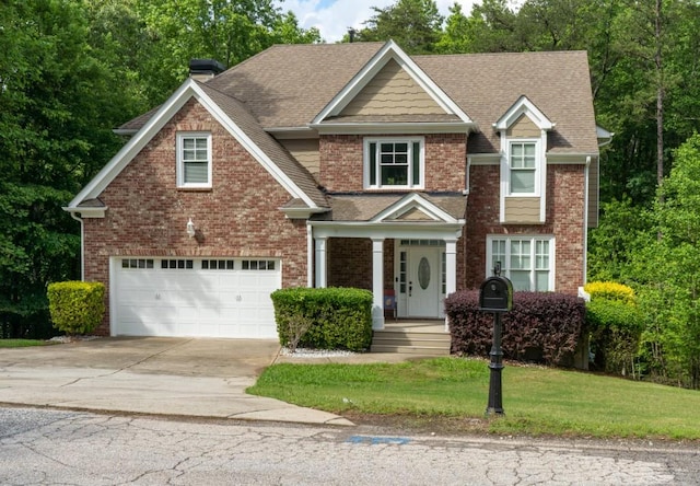 5746 Nix Bridge Rd, Gainesville, GA 30506 - view of front facade featuring concrete driveway, an attached garage, brick siding, a front yard, and a chimney