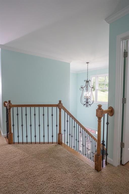 5746 Nix Bridge Rd, Gainesville, GA 30506 - corridor with an upstairs landing, carpet flooring, ornamental molding, a chandelier, and baseboards