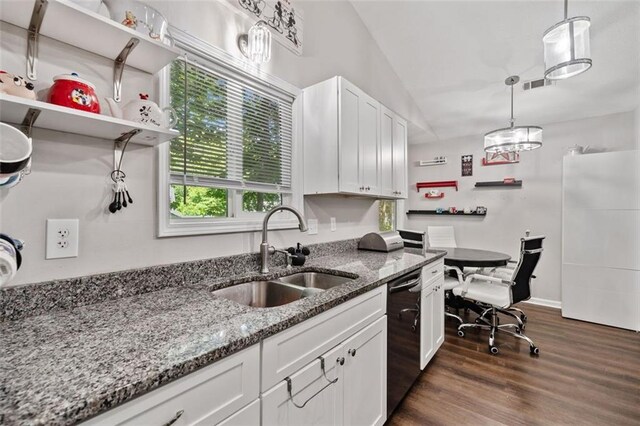 10650 Colony Glen Dr, Johns Creek, GA 30022 - kitchen featuring a sink, open shelves, white cabinetry, dark wood-style flooring, and dishwashing machine