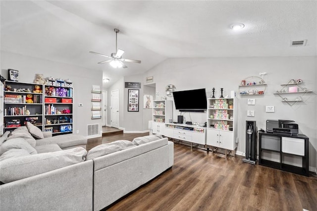 10650 Colony Glen Dr, Johns Creek, GA 30022 - living area featuring ceiling fan, dark wood-style flooring, vaulted ceiling, and baseboards