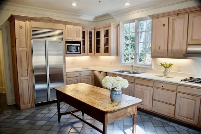 kitchen featuring a sink, built in appliances, under cabinet range hood, and light brown cabinets