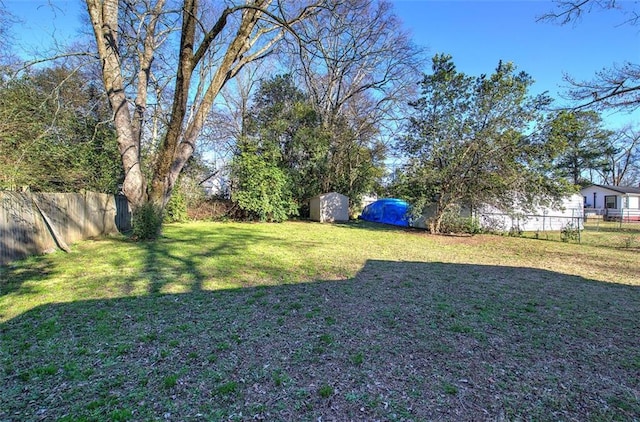 view of yard featuring a fenced backyard, a storage unit, and an outdoor structure