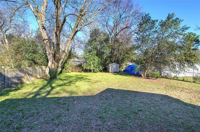 view of yard with an outbuilding, a fenced backyard, and a storage unit