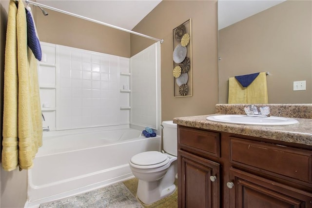 full bathroom featuring toilet, tub / shower combination, and vanity