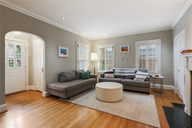 living room featuring ornamental molding, a healthy amount of sunlight, and light wood-type flooring