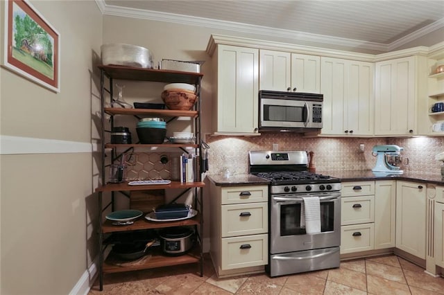 kitchen featuring light tile floors, appliances with stainless steel finishes, crown molding, and tasteful backsplash