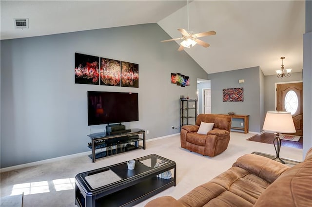 living area with carpet floors, visible vents, high vaulted ceiling, baseboards, and ceiling fan with notable chandelier