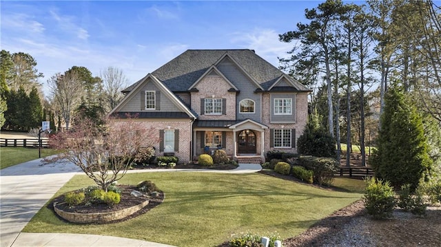 craftsman-style home featuring brick siding, fence, roof with shingles, a front yard, and driveway