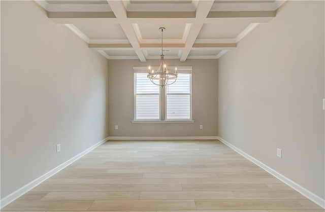 unfurnished room with coffered ceiling, a chandelier, beam ceiling, and light hardwood / wood-style flooring