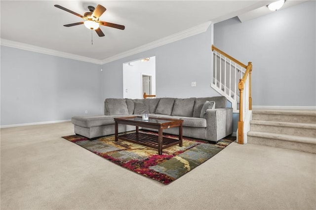 5989 Turfway Park Ct, Sugar Hill, GA 30518 - carpeted living area with stairs, crown molding, a ceiling fan, and baseboards