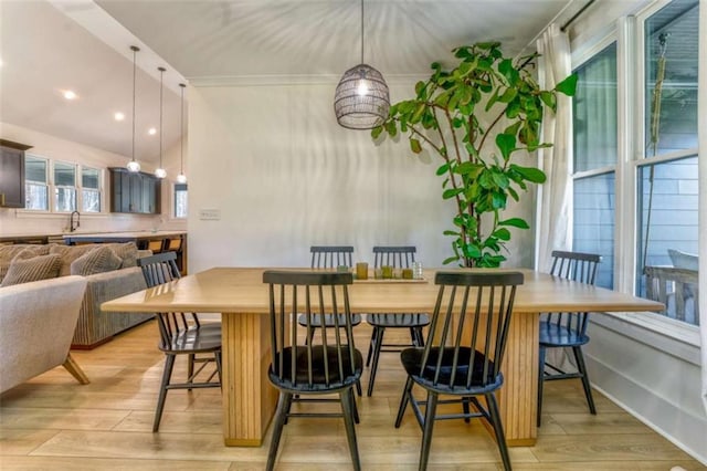 dining space with light hardwood / wood-style floors