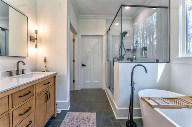 bathroom with vanity, ornamental molding, and independent shower and bath