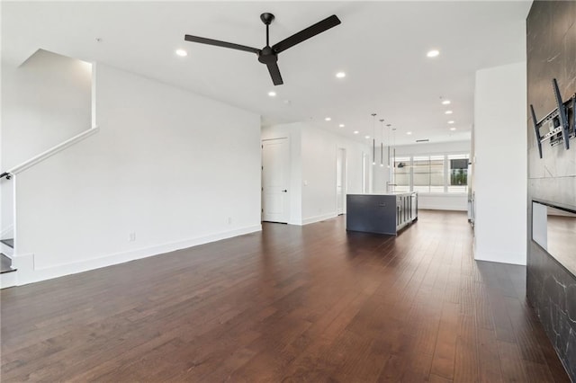 443 Plateau Pl NW, Atlanta, GA 30309 - unfurnished living room featuring baseboards, a ceiling fan, dark wood-style floors, and recessed lighting