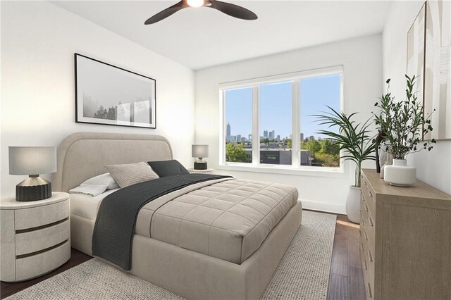 443 Plateau Pl NW, Atlanta, GA 30309 - bedroom with baseboards, a ceiling fan, a city view, and wood finished floors
