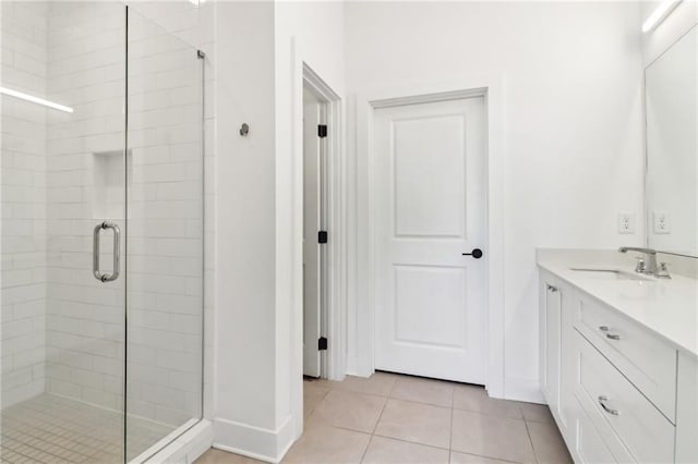 443 Plateau Pl NW, Atlanta, GA 30309 - bathroom featuring a shower stall, vanity, tile patterned flooring, and baseboards
