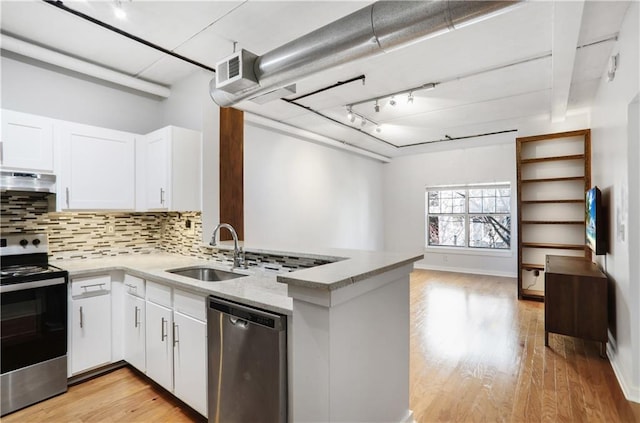 kitchen with stainless steel appliances, backsplash, sink, white cabinetry, and kitchen peninsula